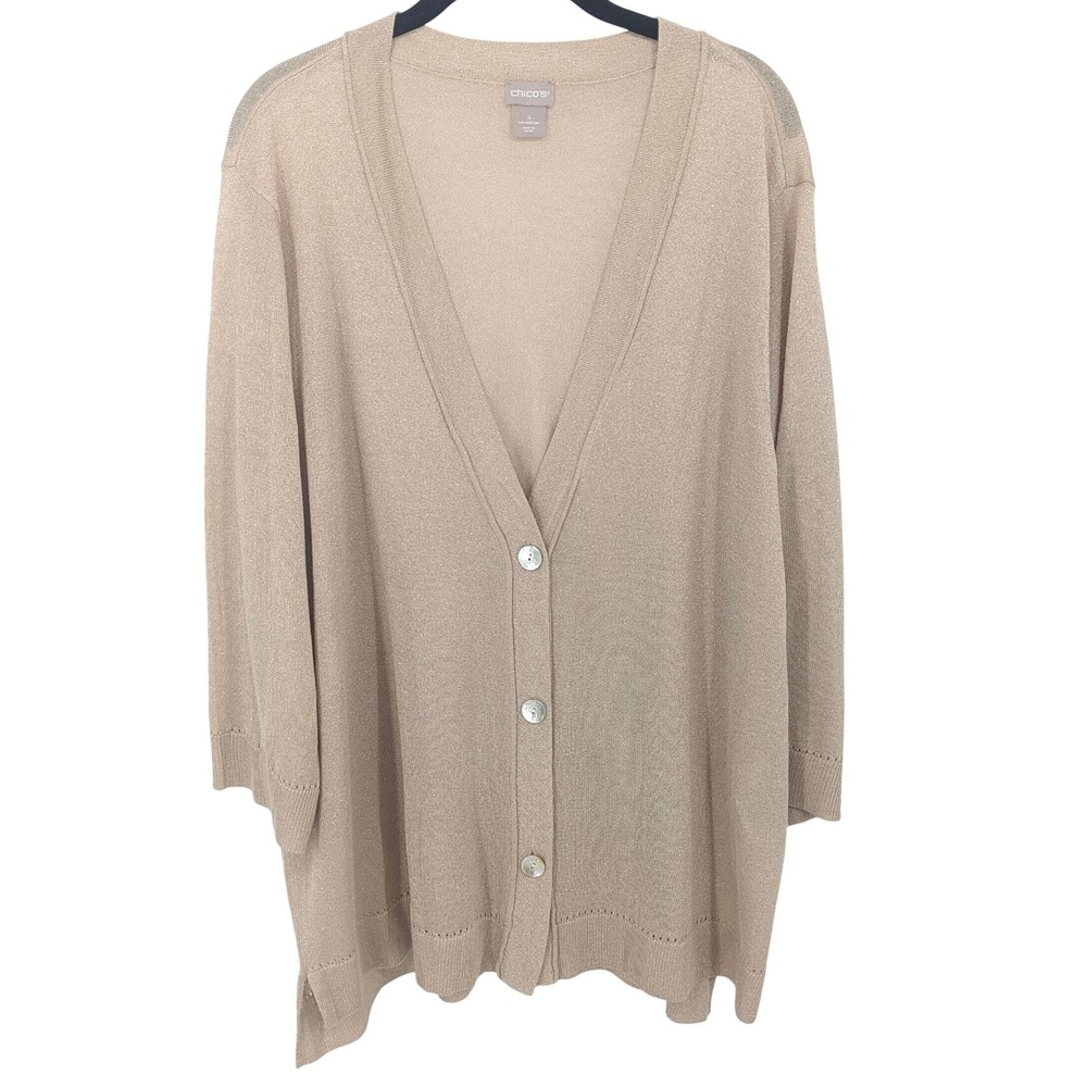 Chicos Cardigan Womens XXL Gold Tan Sweater Metallic Sparkle Knit V-Neck Holiday